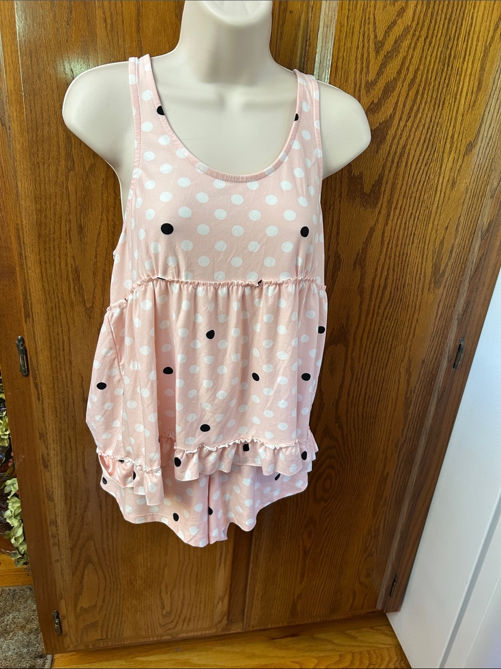 Light Pink Polka Dot Ruffle Tank & Short Sleep Set